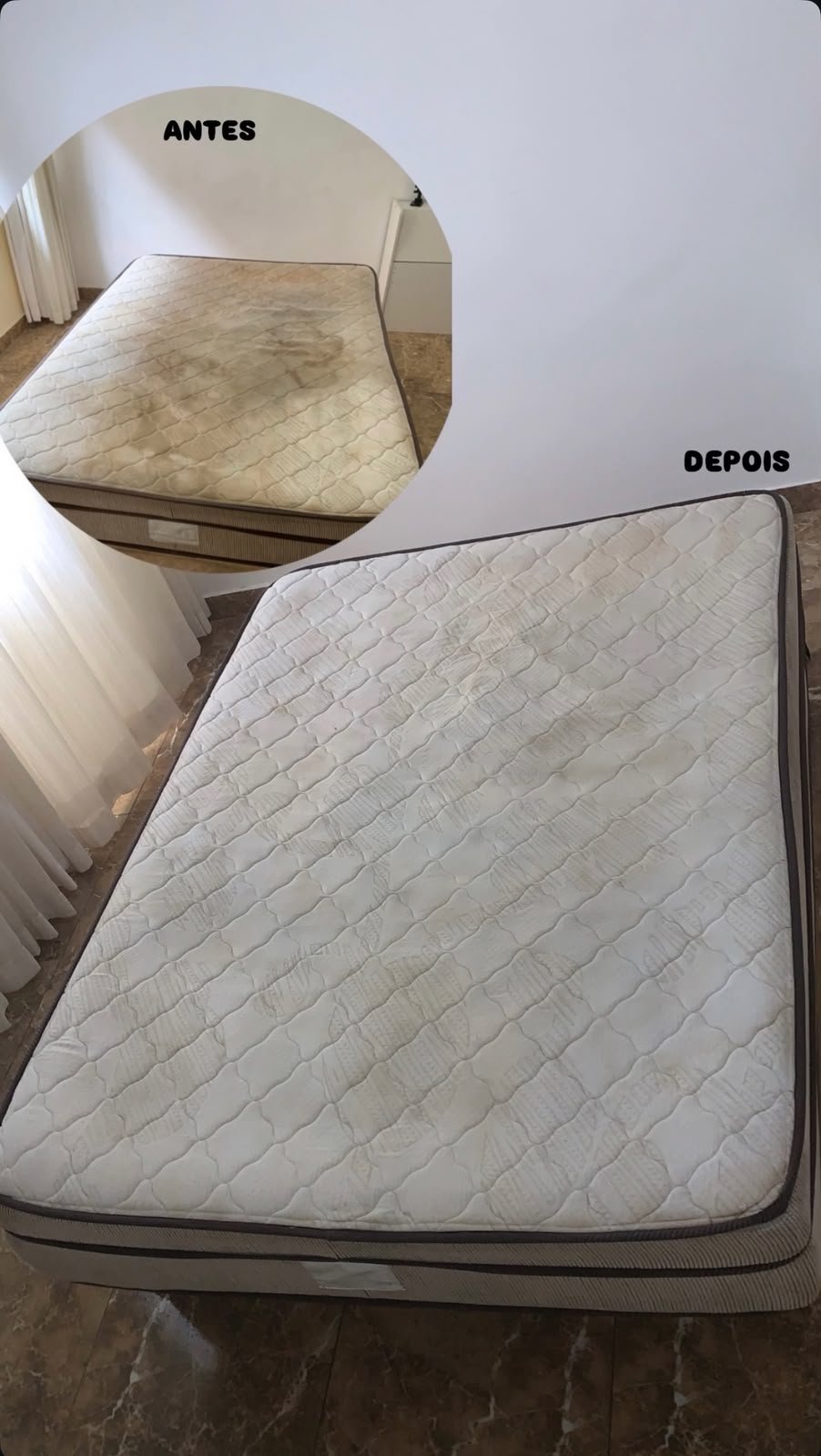 Antes e depois da higienização de um colchão
